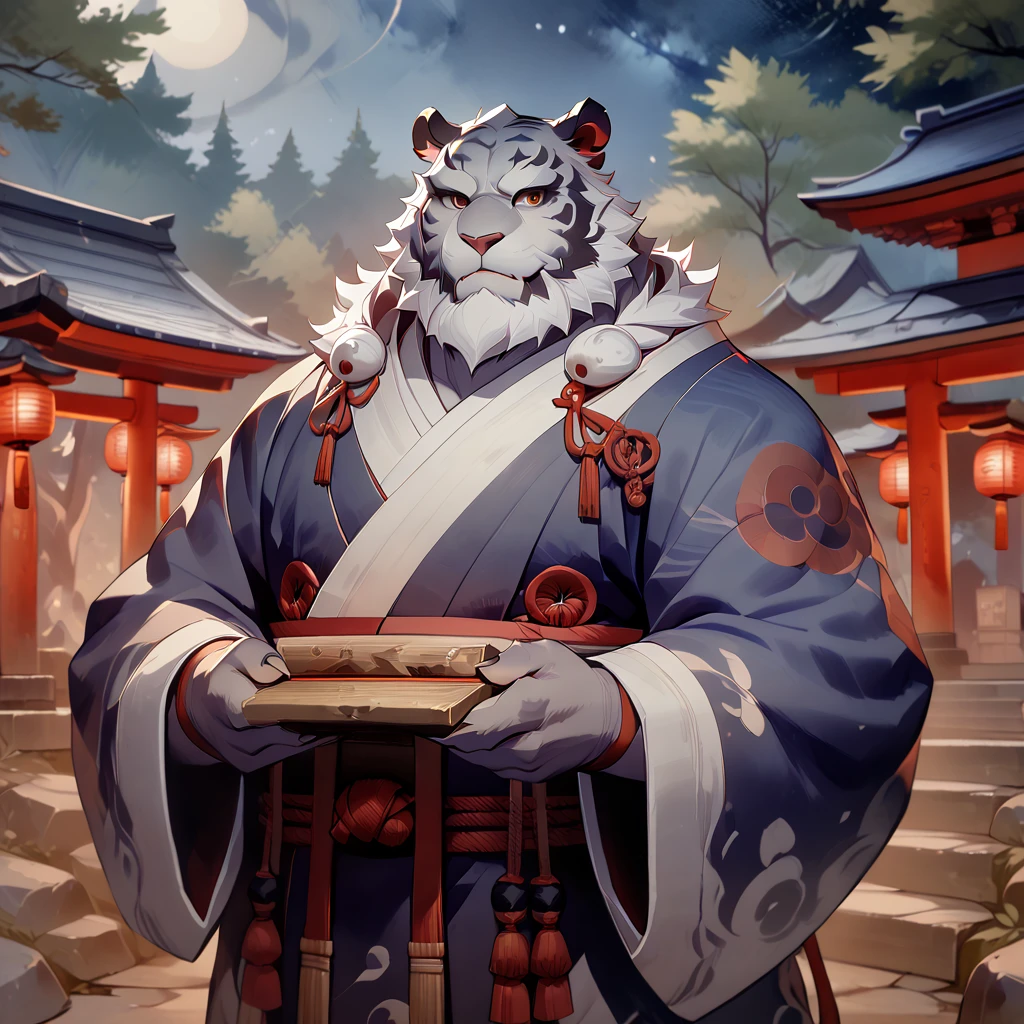 ((whole body)), (onmyoji), ((plump middle-aged tiger man)), standing, arms rised in the air, ((brown eyes)), one eye closed, beautiful beard, (male face), (big face:0.5), square jawline, (Male Eyes:1.2), (sharp eyes:0.8), (big eyes:0.5), male eyebrows, (innocent look:0.5), fluffy body, BREAK starry sky, shrine, highly detailed,