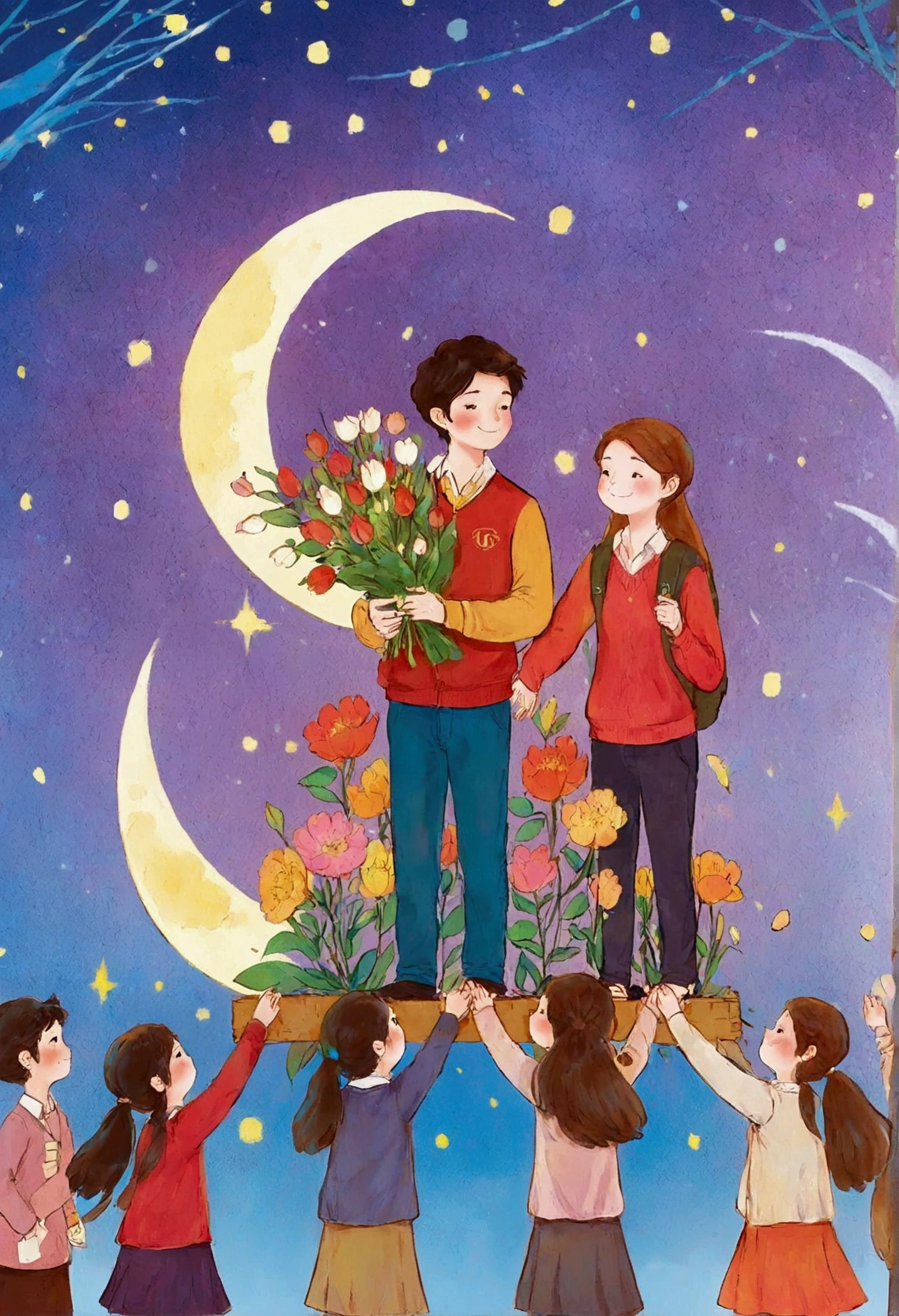 A group of students gathered around a teacher, holding flowers and trophies. The teacher smiled and gently placed their hands on the shoulders of the students, standing together on a "Star Avenue" made up of books, symbolizing the glorious path of education. The night sky serves as the background, adorned with brilliant stars and a bright moon, creating a halo effect around teachers and students, adding a sense of sacredness and glory. A solemn yet dreamlike atmosphere