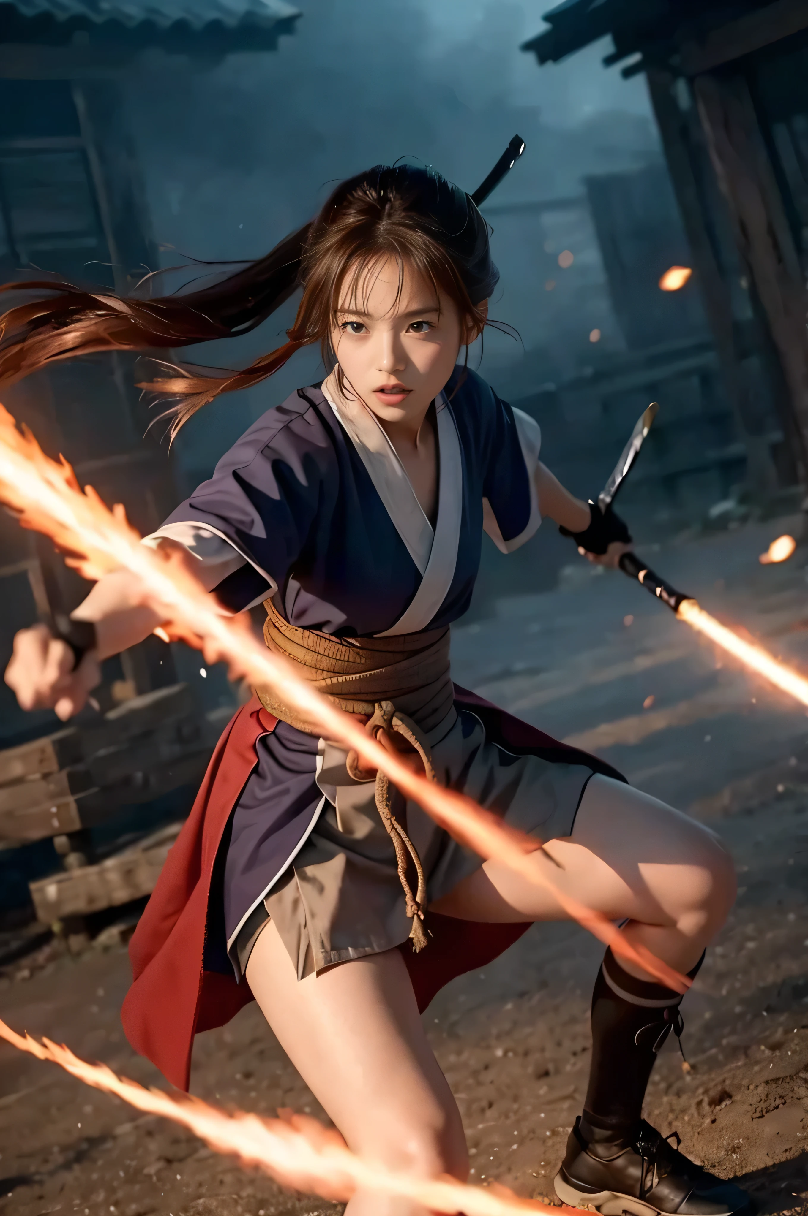 (masterpiece, 最high quality:1.2), 8k, Young and beautiful girl, Tabletop,Official AR RAW Photos, Baby Face、, Young, "Rurouni Kenshin", A moment of excitement, bold, Capture the essence of her fiery determination and indomitable spirit, She is furious, Kenshin&#39;s Rage々Strongly conveying the power, Emphasise the intensity of a scene, The woman is standing with a resolute posture., Action with a straight sword, Long Hair, ponytail, Black Hair, ((Red eyes)), Pale-white glowing sword, (((Holding a long Japanese sword in hand:1.4))), high quality, Realistic, woman, Japanese, Large Bust, Slim figure, She is wearing a red kimono with an intricate pattern., Pair it with a white hakama, The lighting is realistic, (masterpiece+最high quality+High resolution+Very detailed), (whole body:1.2),Symmetric, One Cut,