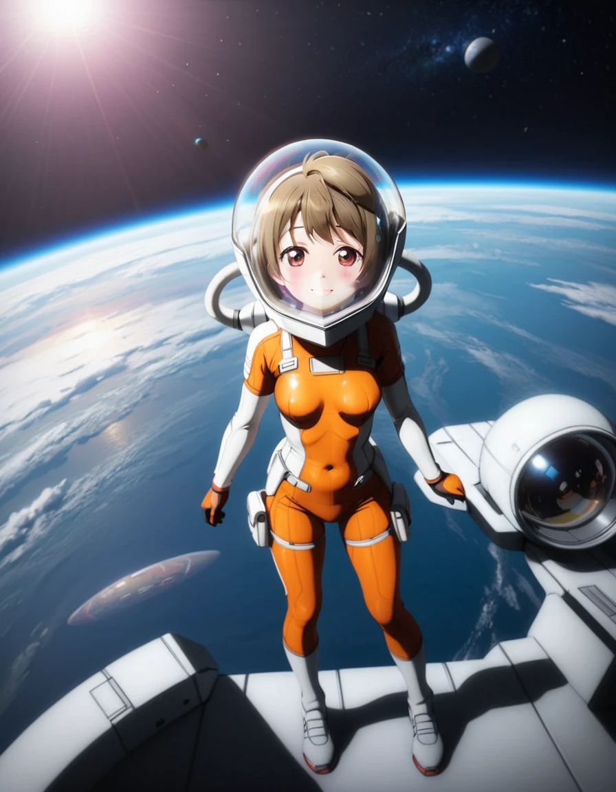 (Spacesuit:1.15), White Cargo Pants, Space Helmet , , Spacewalk, masterpiece, Highest quality, One person, alone, short hair, , , , Bodysuits,Gloss,, short hair, (Futuristic spaceship:1.6), , smile,Covered navel, short hair,Small breasts,From above, space helmet, bubble helmet,Minami Kotori , Love Live! School Idol Project, full body