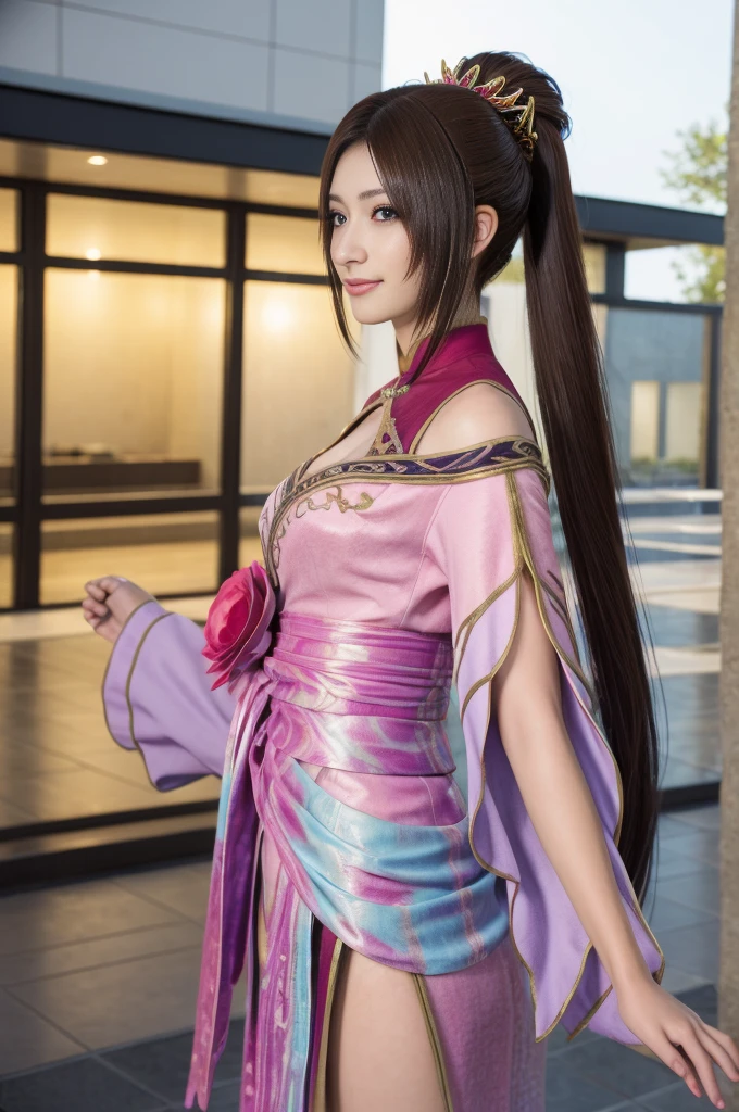 Diao Chan and her subordinates in Dynasty Warriors 8,超reality的な,hair ornaments,The perfect Diao Chan costume,Twintail Starpiece、Man and Diaochan couple,1 high school student、smile,Beautiful Eyes、Puffy eyes、Bright outdoors,Bright downtown、Highest quality, 超High resolution, (reality: 1.4), Cinema Lighting、Japanese、Asian Beauty、Korean、so beautiful、Beautiful Skin、Body facing forward、whole body,Upper Body、(超reality的な)、(High resolution)、(8k)、(Very detailed)、(美しくBeautiful Eyes)、(Very detailed)、 (wall-)、Detailed face、Bright lighting、Professional Lighting、Looking at the audience、Look straight ahead、Diagonal bangs、Brown Hair、Nogizaka Idol、