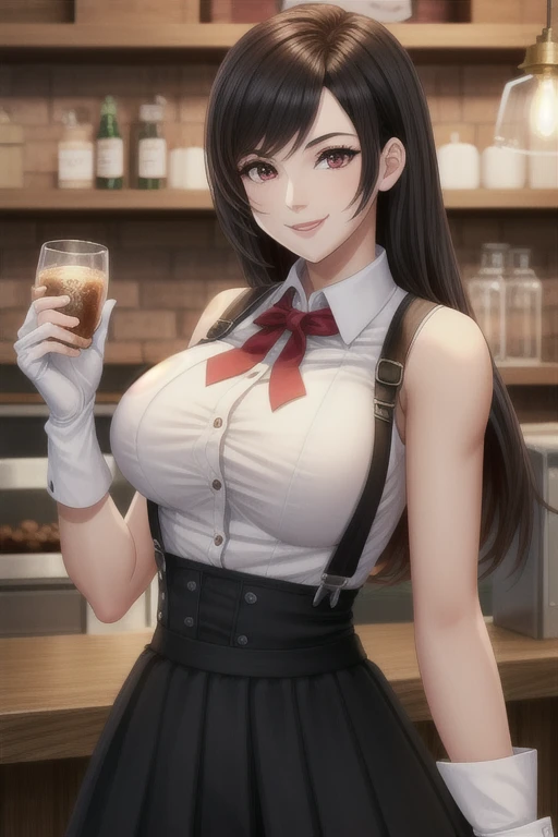 beautiful woman, Tifa Lockheart, large breasts, beautiful detailed face, red eyes, kind smile, in a cafe, behind the counter, best quality, extremely detailed upper body, original outfit, whote top, suspenders, black skirt, red combat gloves