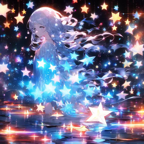 xcdd, dress, water遊び, star, water, null, night, shine, shine, star, night null, backlight, particles of light, floating hair,, a...