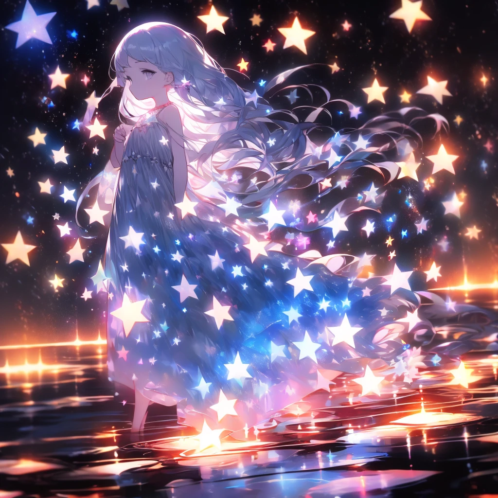 xcdd, dress, water遊び, star, water, null, night, Shine, Shine, star, night null, Backlight, Particles of light, Floating Hair,, Absurd, ultra detailed, masterpiece, highest quality, beautiful, detailed,, Severe, One girl, (White eyes:1.1), (Grey Eyes:1.3), Gray Hair, Very long hair, Parted hair, Parted bangs, Medium chest,