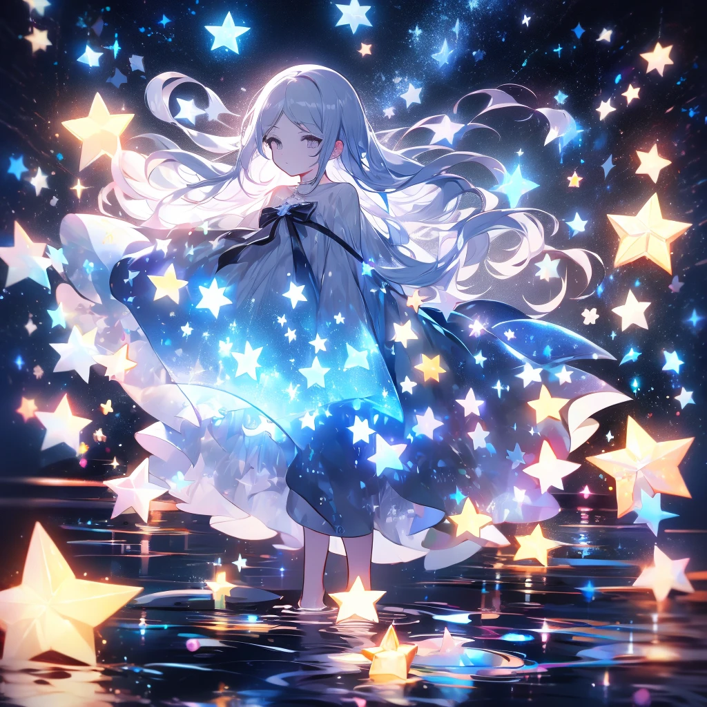 xcdd, dress, water遊び, star, water, null, night, Shine, Shine, star, night null, Backlight, Particles of light, Floating Hair,, Absurd, ultra detailed, masterpiece, highest quality, beautiful, detailed,, Severe, One girl, (White eyes:1.1), (Grey Eyes:1.3), Gray Hair, Very long hair, Parted hair, Parted bangs, Medium chest,