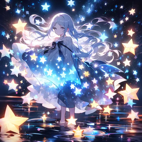 xcdd, dress, water遊び, star, water, null, night, shine, shine, star, night null, backlight, particles of light, floating hair,, a...