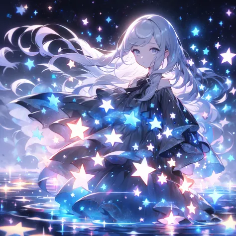 xcdd, dress, water遊び, star, water, null, night, shine, shine, star, night null, backlight, particles of light, floating hair,, a...