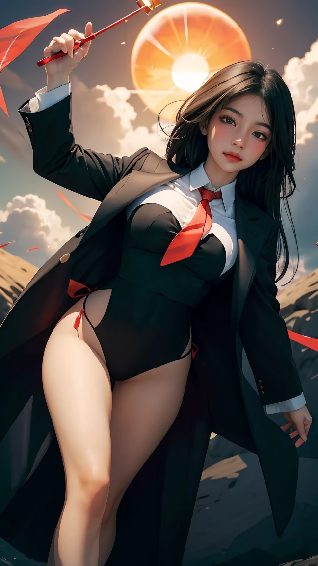 ((Masterpiece, best quality, very detailed), Volumetric light, surrounding occlusion, Rich and colorful, glow), 1 woman, , young girl, (Smooth black), long hair, radius, sacred, goddess, CEO Luke, (black suit, White shirt and red tie:1.3), long black coat, ((a green wind orb on hand)), outdoor, sunset, sky, cloud, (Fantasy Theme:1.2), (full body:0.8)