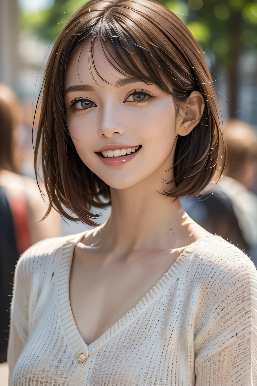 ((masterpiece)), ((Highest quality)), ((Complex)), ((Surreal)), (Realistic), (Mature Woman), ((No classes)), Very detailed, (1 female), Beautiful and exquisite, (Beautiful Teeth), Grin, Brunette bob hair, Brown eyes, ((blouse)), (Upper Body), (background:none), Perfect Eyes, Captivating eyes, Looking at the audience