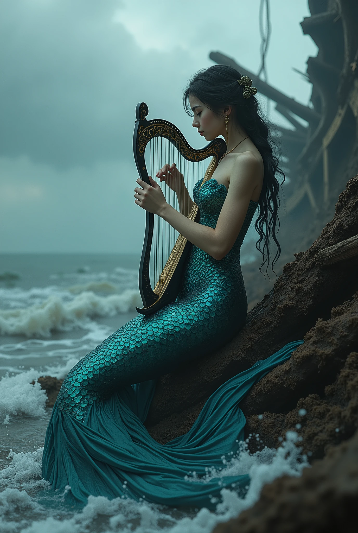 A dark fantasy scene: A very pretty blonde Siren mermaid is playing her small harp with innocent expression on a reef in a rough waters. Nearby her, remains of shipwreck could be seen. Dark Comedy, Overcast, Mystical, Ambient Occlusion, Desaturated, Achromatic, (best quality, masterpiece, photorealistic), very aesthetic, perfect composition, intricate details, ultra-detailed, vivid colors.
