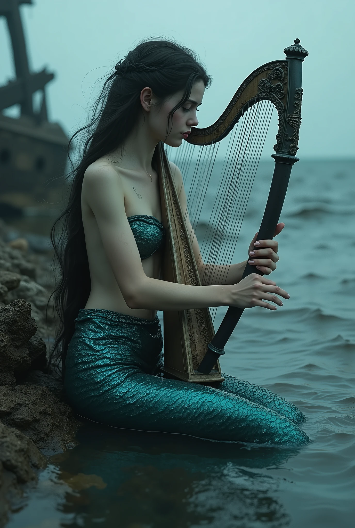 A dark fantasy scene: A very pretty blonde Siren mermaid is playing her small harp with innocent expression on a reef in a rough waters. Nearby her, remains of shipwreck could be seen. Dark Comedy, Overcast, Mystical, Ambient Occlusion, Desaturated, Achromatic, (best quality, masterpiece, photorealistic), very aesthetic, perfect composition, intricate details, ultra-detailed, vivid colors.
