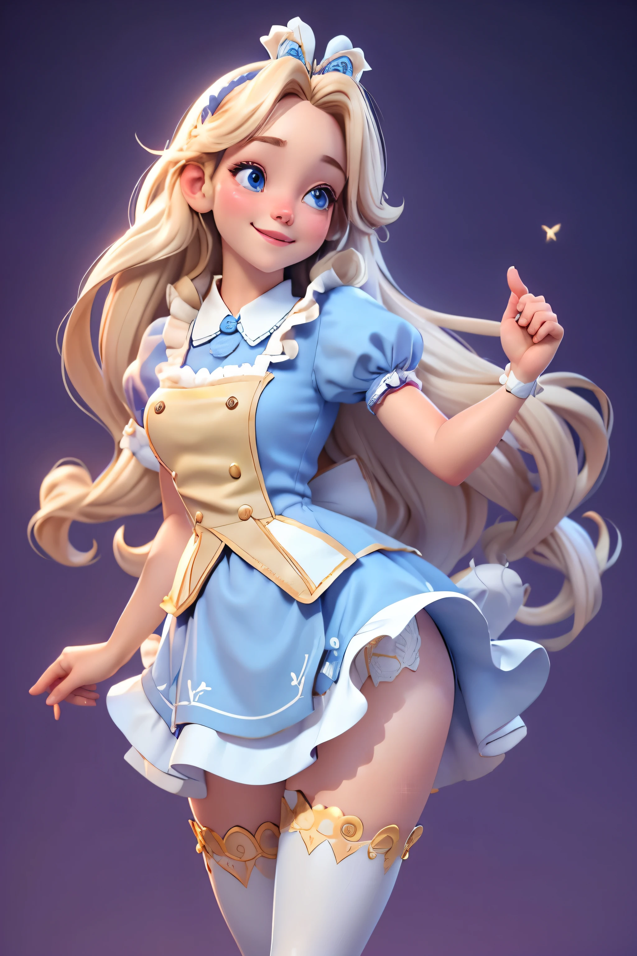 High resolution, 4K, 8k,Long curly blonde hair, Alice in Wonderland,Blue and white maid outfit, Lovely 3d rendering,glad to, The crowd floats up,show all your joy, Perfect and detailed smile,whole body, white stockings,Rabbit decoration with accessories, The right hand holds a large gold coin, Recreational sports posture, look up, Smooth skin, Interior background in lilac color, Soft and even lighting, Playful and relaxing atmosphere, tense action,