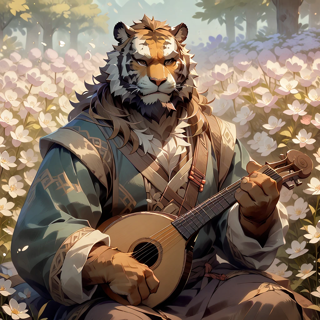 ((whole body)), (bard), lute, ((plump middle-aged tiger man)), sitting, musical performance, ((brown eyes)), one eye closed, beautiful beard, (male face), (big face:0.5), square jawline, (Male Eyes:1.2), (sharp eyes:0.8), (big eyes:0.5), male eyebrows, (innocent look:0.5), fluffy body, BREAK flower field, highly detailed,