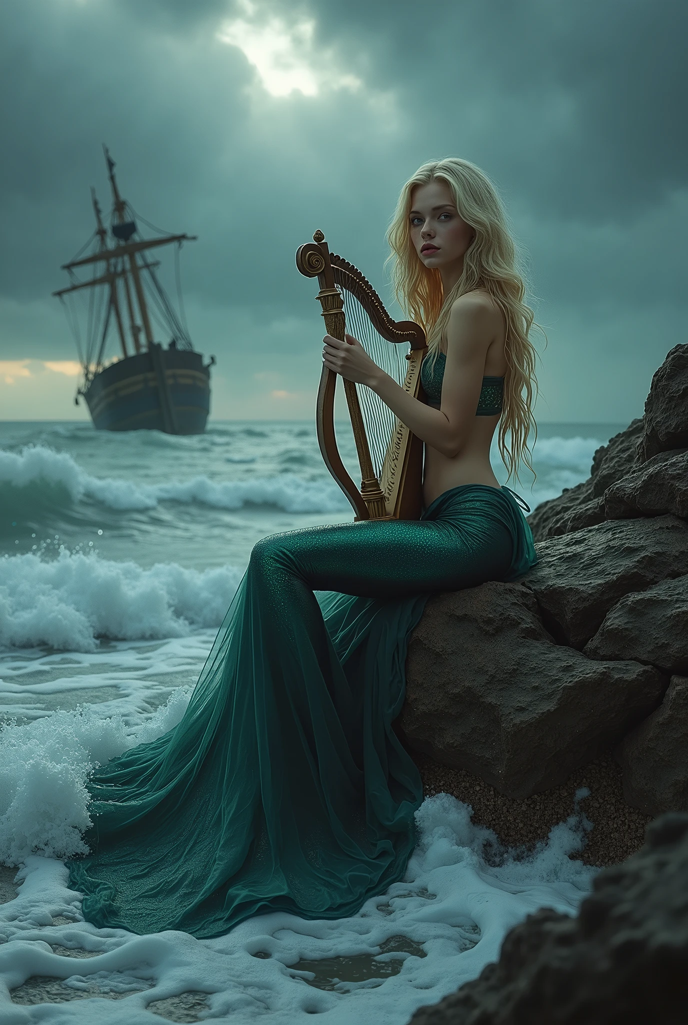 A dark fantasy scene: A very pretty blonde Siren mermaid is playing her small harp with innocent expression on a reef in a rough waters. Nearby her, remains of shipwreck could be seen. Dark Comedy, Overcast, Mystical, Ambient Occlusion, Desaturated, Achromatic, (best quality, masterpiece, photorealistic), very aesthetic, perfect composition, intricate details, ultra-detailed, vivid colors.
