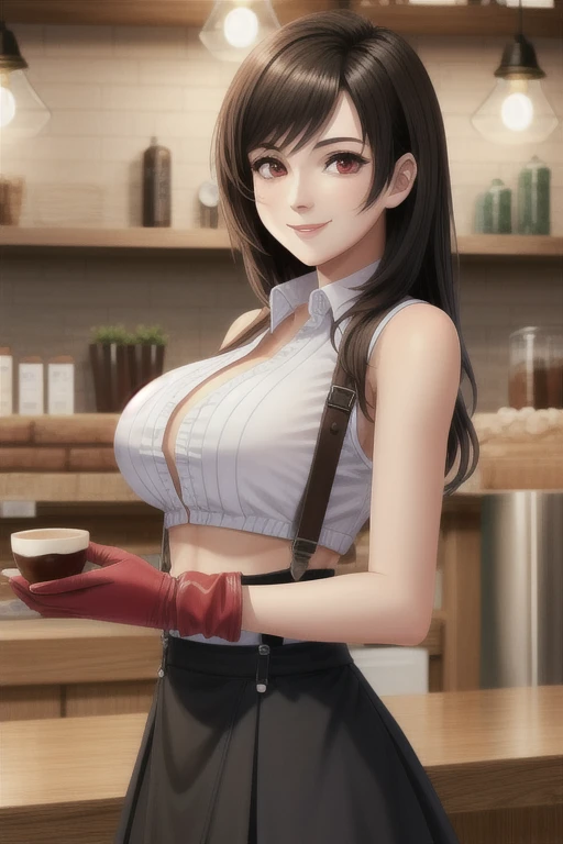 beautiful woman, Tifa Lockheart, large breasts, beautiful detailed face, red eyes, kind smile, in a cafe, behind the counter, best quality, extremely detailed upper body, original outfit, whote top, suspenders, black skirt, red combat gloves