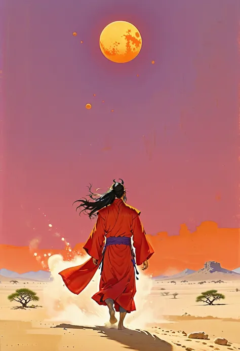 in a vast, desolate desert, kua fu, a towering figure with muscular arms and long flowing hair, sprints toward a massive, glowin...