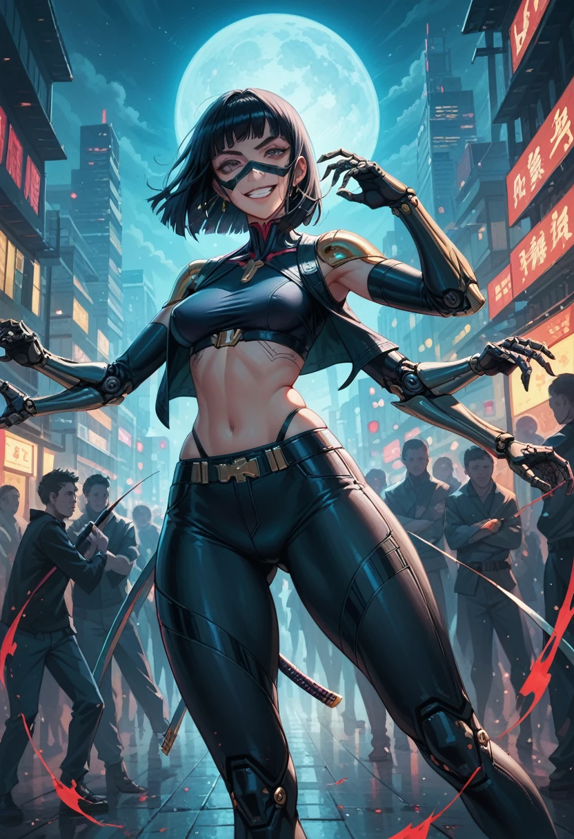 vintage illustration, cyberpunk, dark art, anime style Ilya Kuvshinov style: close-up, (female cyborg ninja) secretly moves around the city, technical sexy clothes, top with neckline, top hugs breasts and protruding nipples, bare stomach, Iga-bakama pants with a strongly lowered waist (the upper part of the pubis is visible), slender attractive body, (medium chest), full-length body, large katana on the back, in a black mask with a painted grin, beautiful bright expressive eyes, furrowed eyebrows, dark hair gathered in two bunches, threatening pose, all limbs are visible in the frame, Japanese atmosphere, detailed design of street clothes and urban style, background of an empty night city with minimal lighting, a bloody full moon in the sky, in the style of Aron Demet, in the style of Ryan Stegman,