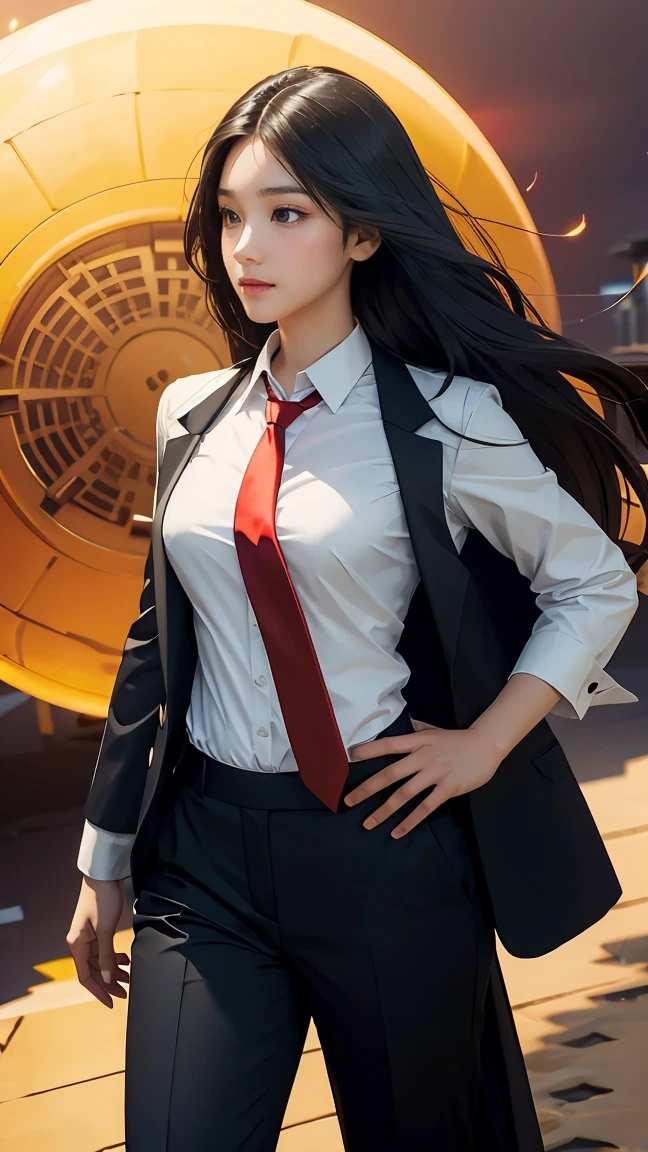 ((Masterpiece, best quality, very detailed), Volumetric light, surrounding occlusion, Rich and colorful, glow), 1 woman, , young girl, (Smooth black), long hair, radius, sacred, goddess, CEO Luke, (black suit, White shirt and red tie:1.3), long black coat, ((a green wind orb on hand)), outdoor, sunset, sky, cloud, (Fantasy Theme:1.2), (full body:0.8)