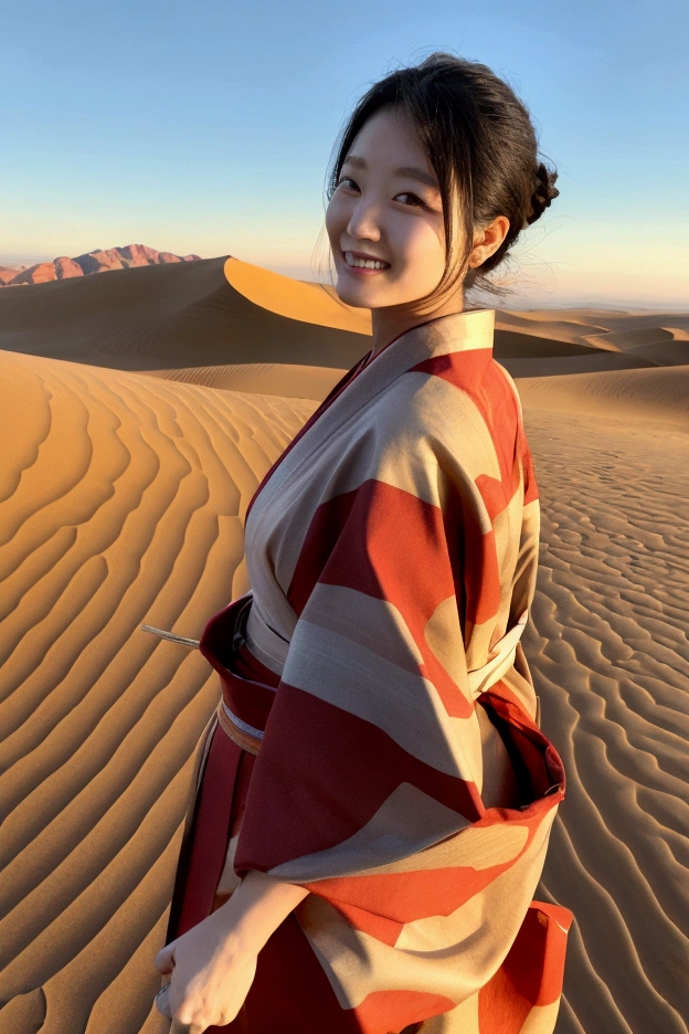 smile、8K quality、Highest quality、Beautiful Eyes、Healthy body shape、Traditional Japanese Beauty、A woman standing in a vast desert illuminated by the setting sun、Gold and red kimono dancing in the wind、In the background, sand dunes and blue sky can be seen in the distance.、The pattern on the kimono is inspired by wind patterns.、The woman is surrounded by the silence of the desert