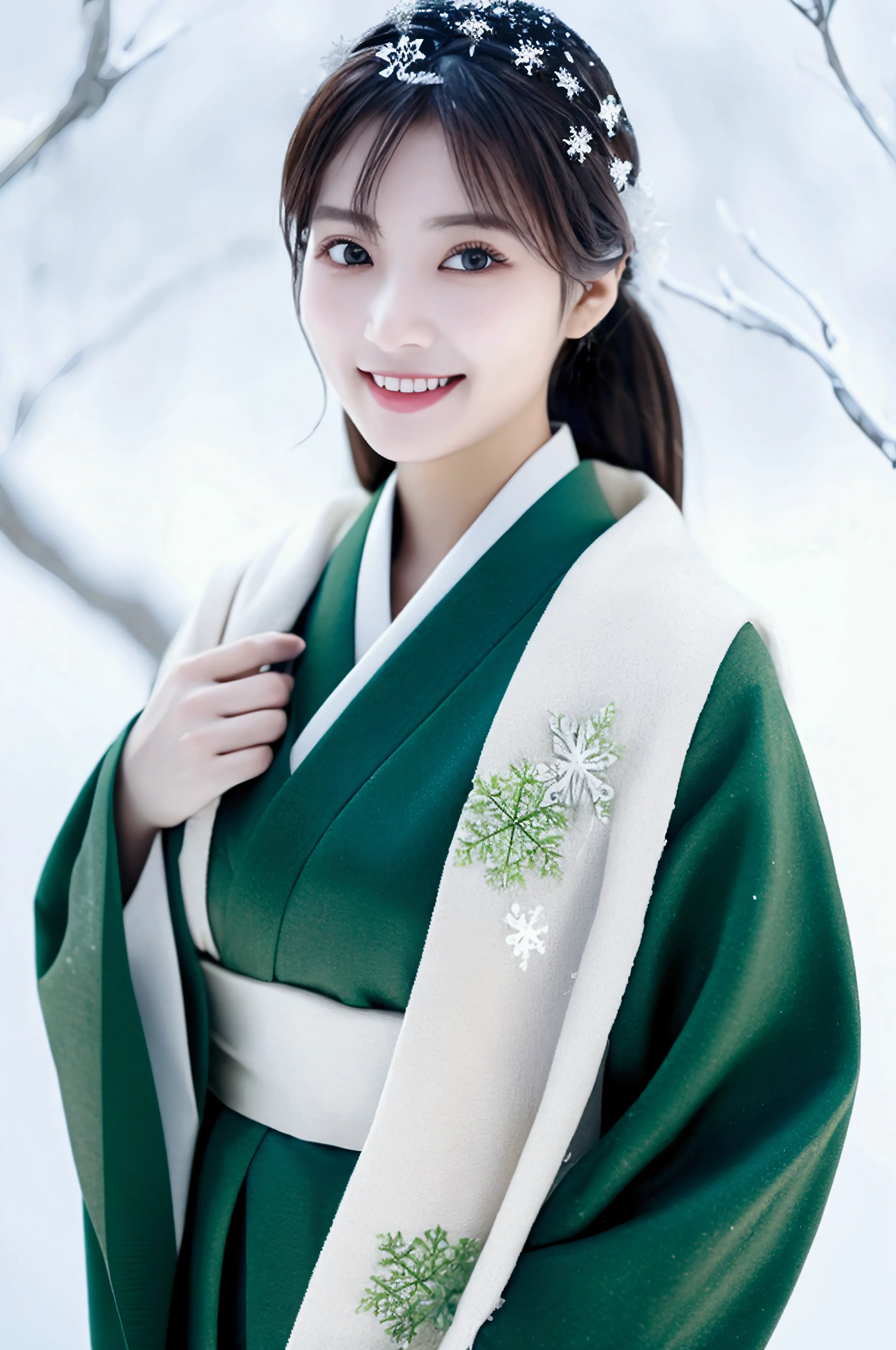 smile、8k quality、highest quality、beautiful eyes、healthy body shape、traditional japanese beauty、in the frozen winter forest、a wom...