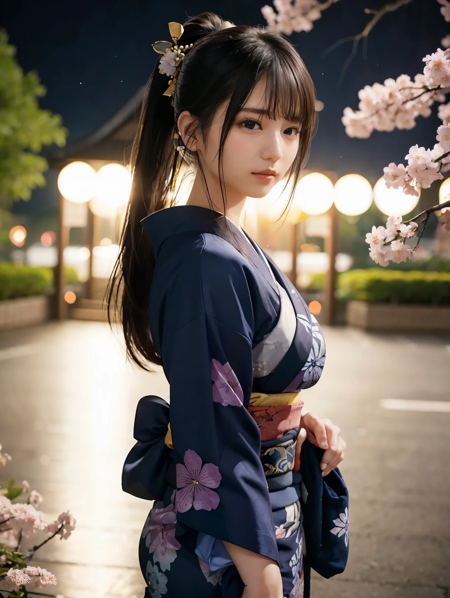 1 girl、(Indigo kimono:1.2)、(RAW Photos、Highest quality)、(Genuine、Realistic:1.4)、masterpiece、Very delicate and beautiful、非常にdetailed、2k wallpaper、wonderful、detailed、非常にdetailed CGユニティ 8k 壁紙、非常にdetailed、High resolution、Soft Light、美しいdetailed女の子、非常にdetailed目と顔、美しいdetailed鼻、美しいdetailed特別な目、Cinema Lighting、City lights at night、Perfect Anatomy、Slender body、A light smile、close、(Long hair with bangs)、Large Breasts、Photograph the whole body、ponytail、i have a small bag、Background with cherry blossom petals
