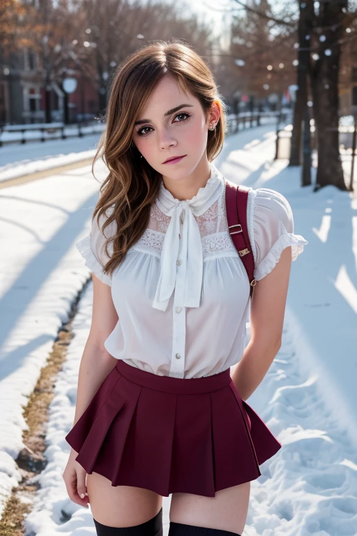 Emma Watson, 2, very classy, flirting with the camera, beautiful hair, flirty, ruffled lip, makeup, sexy blouse, short skirt, knee high socks, ankle boots, outside, winter, snow, 135mm, Canon, f/16, UHD, anatomically correct, masterpiece, textured skin, super detail, high details, high quality, highres, 8k, ahegao, rolling eyes, breastapart