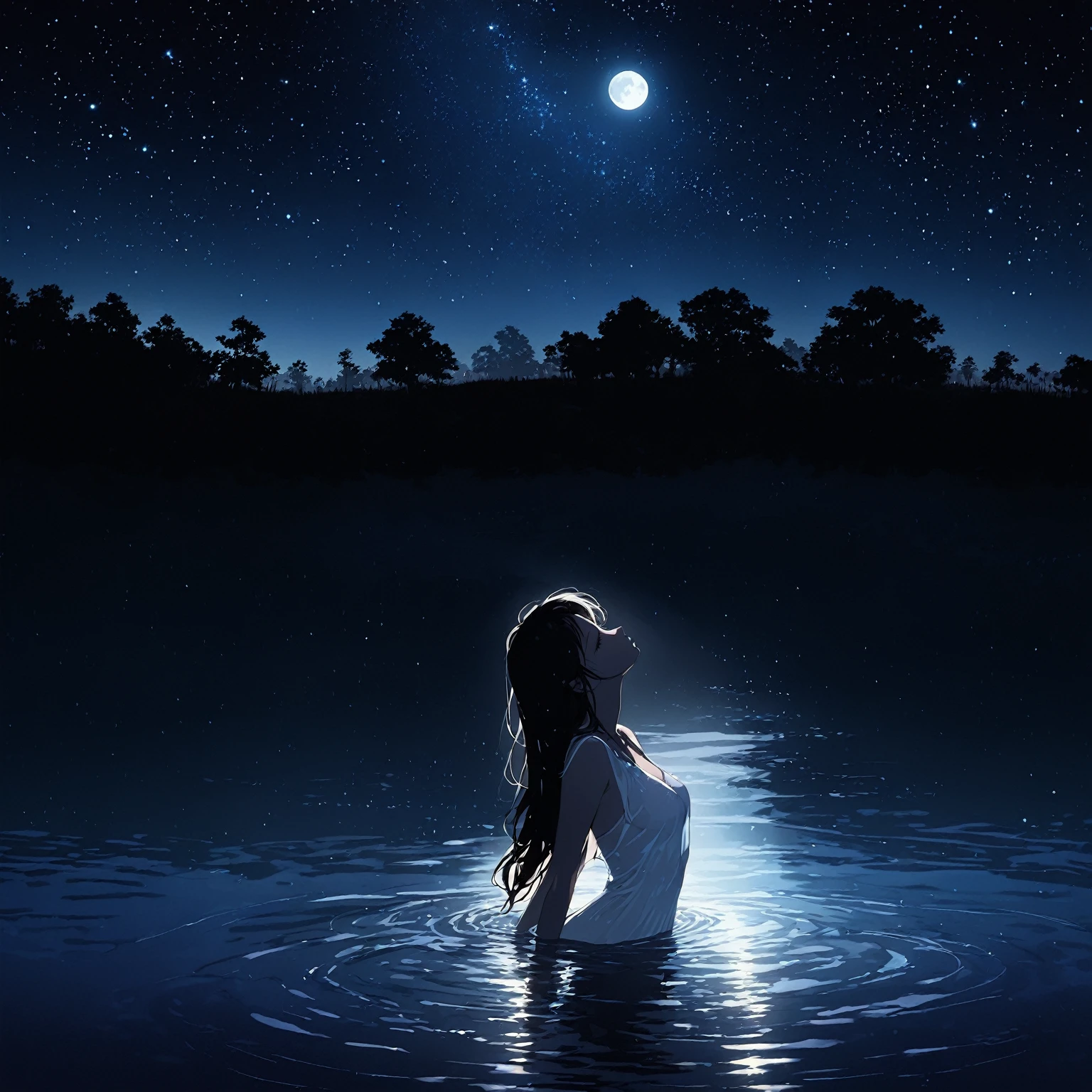 1 girl, alone, silhouette of a woman bathing in a lake at night, semi-submerged. sensual body, silhouette. at night, fantasy forest, moonlight, starry sky, the moon reflects on the lake. lake shines by the moonlight. The woman has a seductive body. Bathing, Wet, wet hair, wet white dress, silhouette. firefly lights beautiful landscape at night. super dark body silhouette.