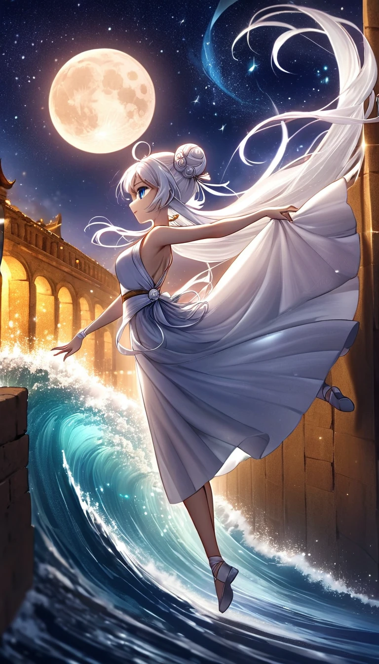 Under a giant, glowing moon, a delicate girl dances atop an ancient wall. Her blue eyes shimmer like countless stars, and her long white hair cascades down her back, with a snowflake-shaped hairpin adorning a small bun. Her slender frame is draped in a flowing white traditional dance costume. She gracefully waves a thin silk ribbon, which dances with the wind as she moves. The night sky, vast and dark, highlights her ethereal beauty, making her appear as if she were a celestial being, weaving a dreamlike spell on the world below.