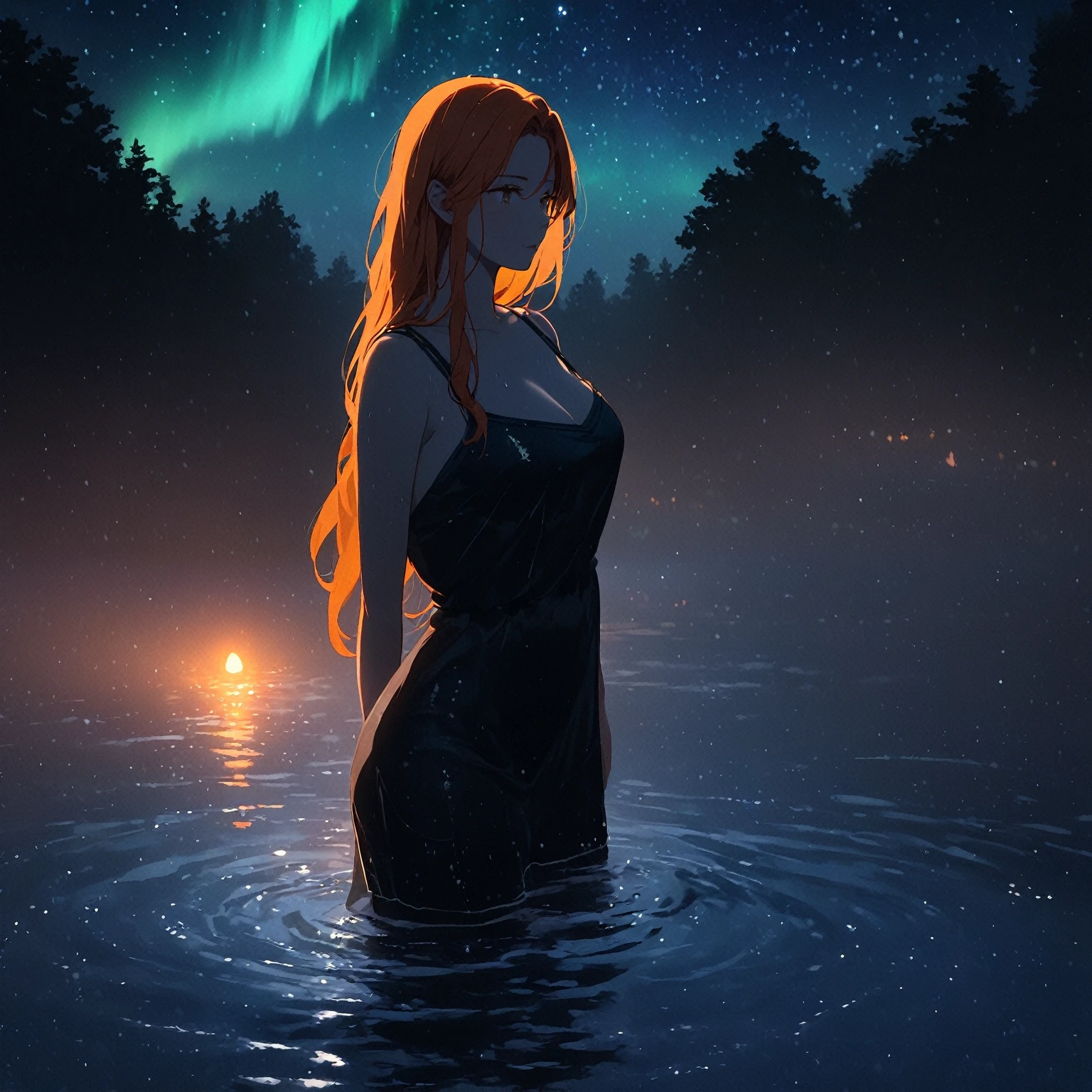 1 girl, alone, silhouette of a woman bathing in a lake at night, semi-submerged. sensual body, silhouette. at night, northern lights. fantasy forest, moonlight, starry sky, the moon reflects on the lake. lake shines by the moonlight. The woman has a seductive body. Bathing, Wet, wet hair, long hair, orange hair, wet white dress, wet dress. dark silhouette, dynamic contrast. firefly lights beautiful landscape at night. super dark body silhouette. curvy body.