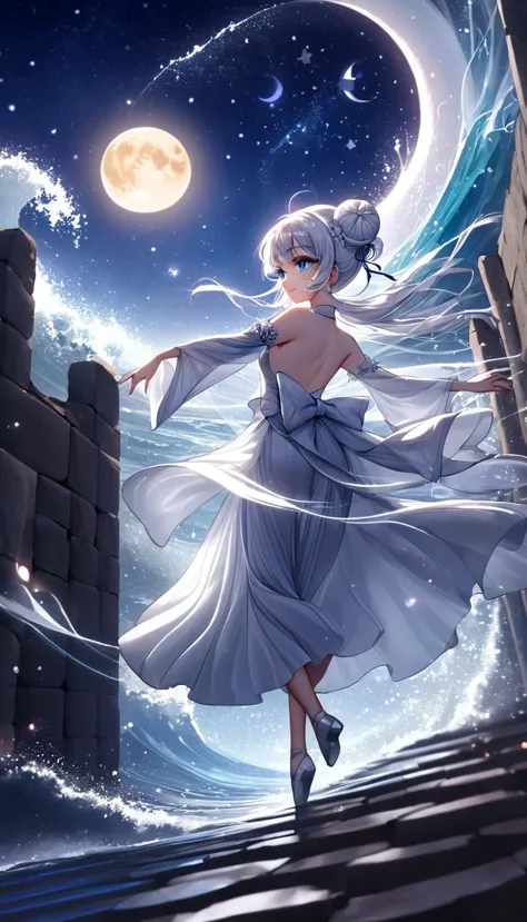 under a giant, glowing moon, a delicate girl dances atop an ancient wall. her blue eyes shimmer like countless stars, and her lo...