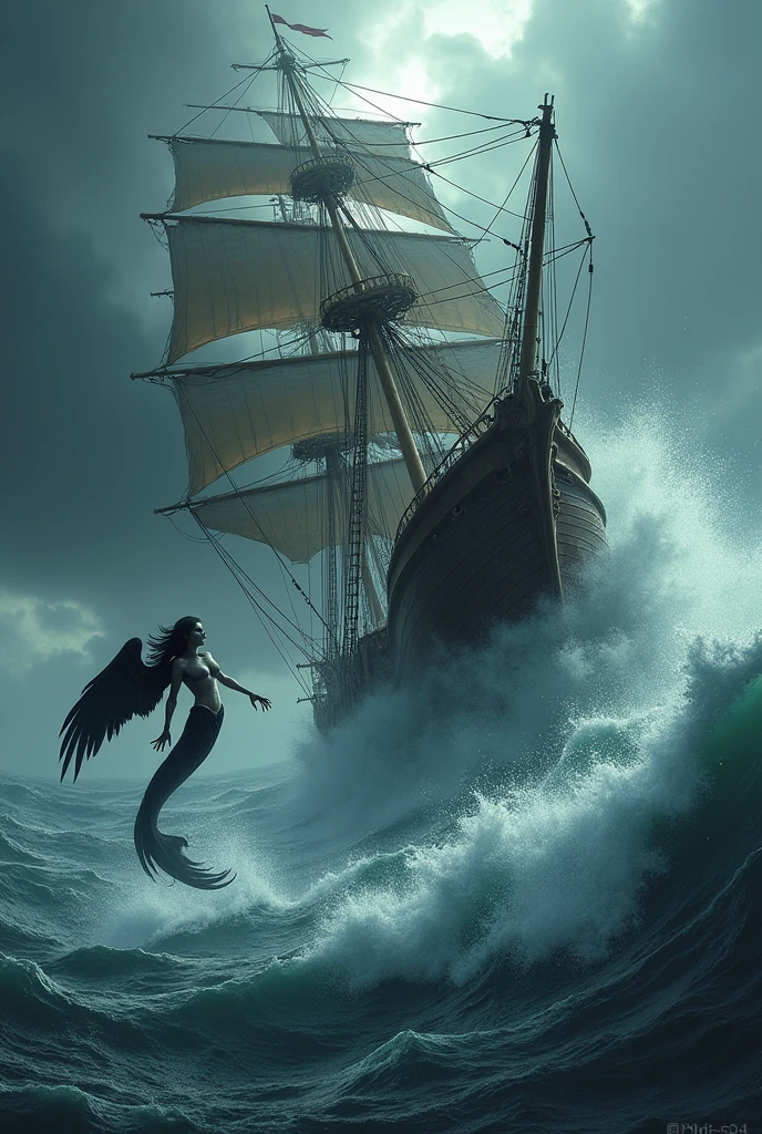 A black female siren flies towards the ship、Smile eerily、Distant view of the sea、Large wooden sailing ship、Age of Discovery、Black wings、White body、A ship tilting heavily in a big storm、Big Wave、Splash、