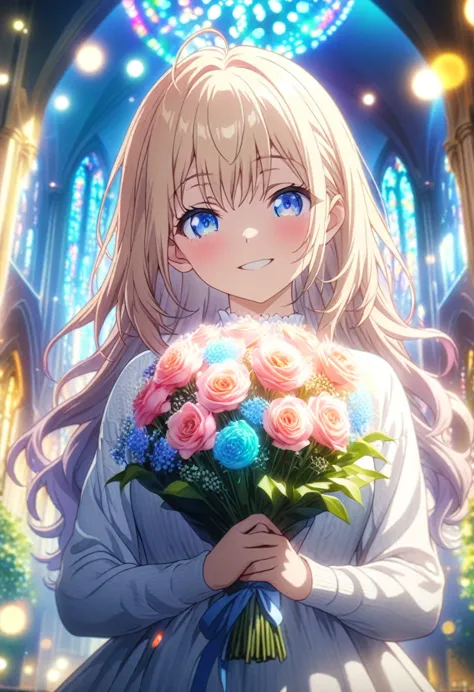 masterpiece, highest quality, highly detailed cg unity 8k wallpaper, one girl, anime screenshot, holding a bouquet of flowers gl...