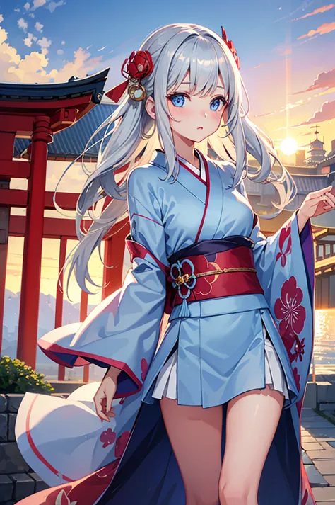 1girl in, Silver Shorthair, sky-blue eyes, kimono skirt, shrines, Cute, blush, medium breasts⁩, Sunset, Best Quality++, Highest Quality++