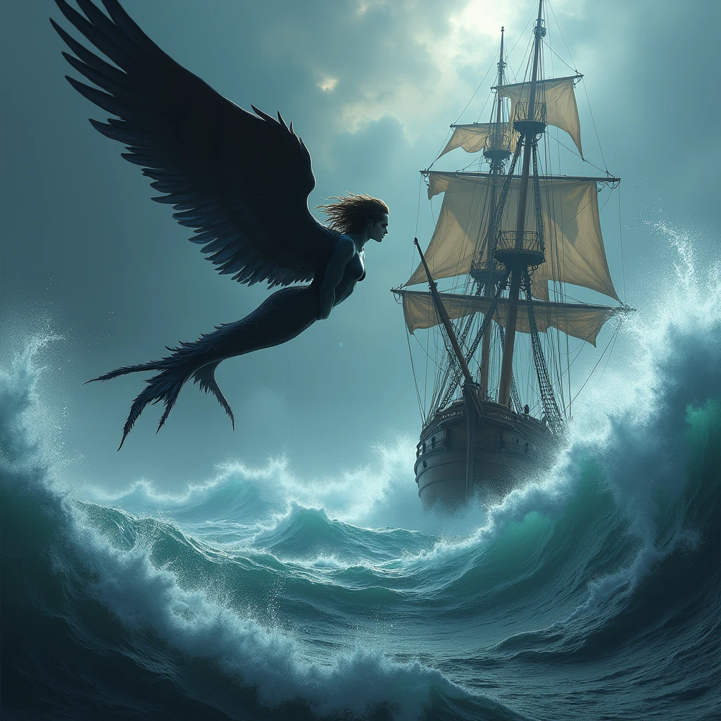 A black female siren flies towards the ship、Smile eerily、Distant view of the sea、Large wooden sailing ship、Age of Discovery、Black wings、White body、A ship tilting heavily in a big storm、Big Wave、Splash、