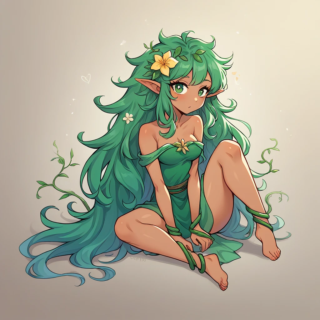 1girl, Solo, Long Hair, Looking at viewer, Green Hair, Pointy Ears, Green Eyes, Plant Mutant, Flowers in hair, Green fingers, Tan Skin

- **Hair**: Long, flowing green hair that resembles vines intertwined with vibrant flowers that bloom and change with the seasons.
- **Eyes**: Deep emerald green, flecked with gold.
- **Skin**: Lightly tanned with a slight greenish tint, as if she’s constantly basking in the sun. She has intricate, vine-like markings that wrap around her arms and legs, glowing faintly when she uses her powers.
- **Clothing**: Flora’s costume is made of living plants—her top and skirt are composed of large, overlapping leaves, while her cape is a cascade of ivy and small blossoms. She wears minimal footwear, preferring to feel the earth beneath her feet, with delicate vines wrapping around her legs for added protection and style.