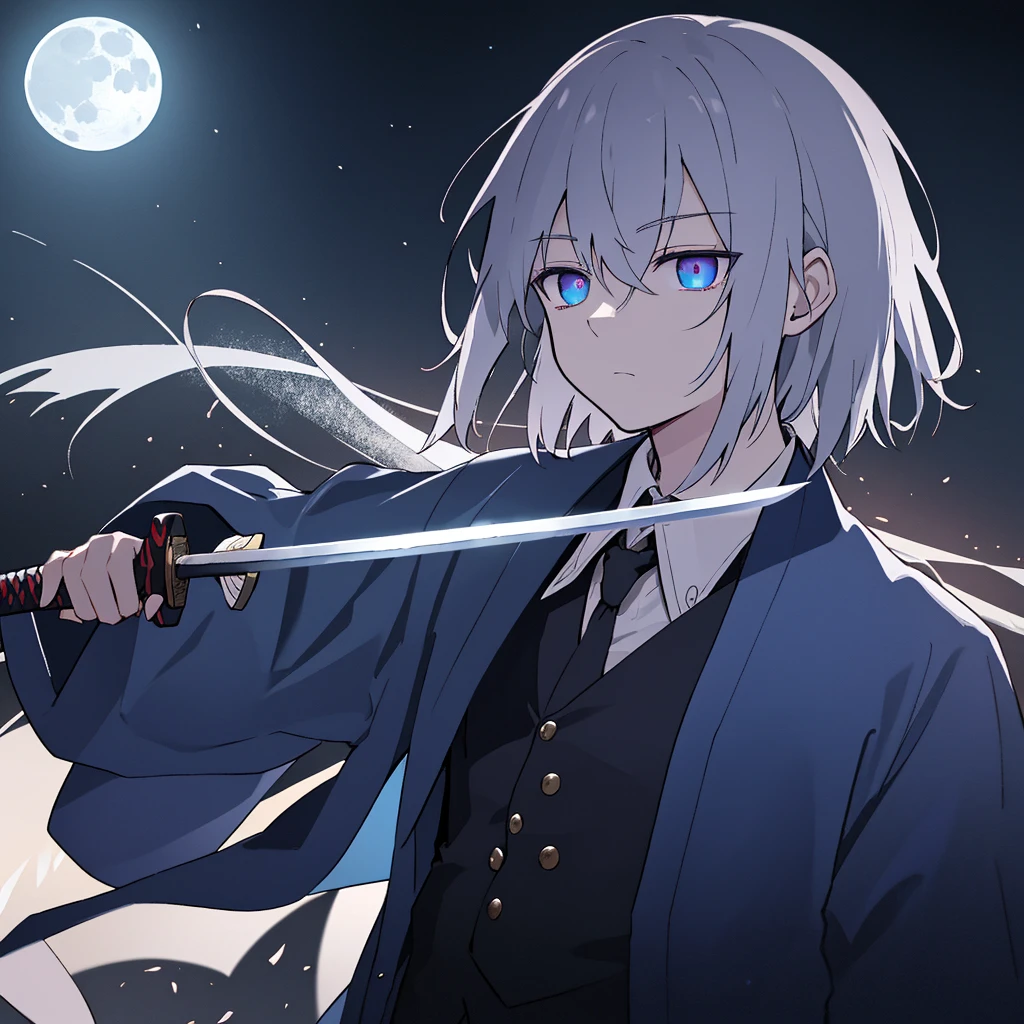 a silver-haired dark wizard, one blue eye, one deep purple eye, wearing a collared shirt, holding a japanese sword under moonlight, extremely detailed, dramatic lighting, dark sci-fi, cinematic composition, gloomy atmosphere, extremely detailed, dramatic lighting, chiaroscuro, (young male)