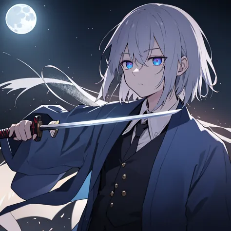 a silver-haired dark wizard, one blue eye, one deep purple eye, wearing a collared shirt, holding a japanese sword under moonlig...