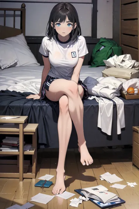 (Highest quality,4K,High resolution,masterpiece:1.2),Very detailed,Realistic:1.37,,(whole body, I can see your feet and your shoes: 1.2),whole bodyが油まみれで光沢感がある　とてもbeautiful girl　ベッドに横たわるbeautiful girl　Your breasts are too big　Very large breasts　Dynamic pose　Yogurt sauce spilled on the ground　Used tissue paper on the ground,　 Crumpled used tissue paper, Used tissue paper on the ground,　Excessive sweating on the face,Dripping sweat,Sit on the bed,　Dirty duvet　Very old gym mat ,Gymnasium Warehouse,　There are a lot of used tissues on the floor ,　Crumpled used garbage is scattered all over the place......,　 使用済みティッシュペーパーでMessy room,　I am going to cry　Embarrassing　Dimly lit room　Hardwood Floors　Small used tissue rolls scattered around　The upper body is school&#39;Designated white gym uniform., Blue Sleeve　The bottom half is blue bloomers　Tight-fitting bloomers　high school student　Illustration Style　Anime Style　Small lips　beautiful girl　Very cute clothes　Cheeks pink　Light purple hair　Blonde long hair　super curly hair　Super long sideburns　Rubber clothing　hair band　Pearl white silk tights that become transparent when wet　White super long boots　Big eyes　Droopy eyes　Shocking Pink Rouge　Sweating profusely　　Crushed used tissue paper　whole bodyが雨で濡れている　whole bodyから蒸気が出る　Steam rises across the screen.　white breath　Haa　whole bodyが油まみれ　evening　Overall orange background　Sunset sunshinewhole body図　whole bodyが画面に収まっている　whole bodyが油まみれで光沢感がある　Tear used tissue paper into small pieces,　 Crumpled tissue paper, Torn tissue paper scattered on the ground,　Excessive sweating on the face,Dripping sweat,汚れたSit on the bed,　Dirty bedding　Dirty old gym mat ,Gymnasium Warehouse,　There are lots of tiny pieces of tissue paper on the floor...... ,　Crumpled used garbage is scattered all over the place......,　Very dirty gym mat, 　 Messy room,　Scared　I am going to cry　Embarrassing　Dimly lit room　Hardwood Floors　Used tissue paper scattered around　とてもbeautiful girl　high school student　Illustration Style　Anime Style　Small lips　Frightened face　Baby Face　beautiful girl　Very cute clothes　Cheeks pink　Light purple hair　Blonde long hair　super curly hair　Super long sideburns　Rubber clothing　hair band　Pearl white silk tights that become transparent when wet　White super long boots　Big eyes　Droopy eyes　Stern expression　Shocking Pink Rouge　Sweating profusely　　Crushed used tissue paper　whole bodyが雨で濡れている　粘液がwhole bodyにまとわりつく　whole bodyから蒸気が出る　Steam rises across the screen.　white breath　Haa　whole bodyが油まみれ　evening　Overall orange background　Sunset sunshine
