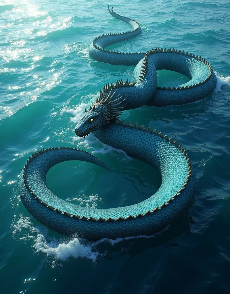 Picture an extensive, winding sea serpent. This incredible creature curves effortlessly through the icy, azure ocean, its scales shimmering with luminescent hues of jade and cobalt. Emerging from the sea's depths, its menacing eyes glint as they catch the reflected light from the scintillating sun. It's crowned with a ridge of sharp dorsal fins that line its long, undulating body. Whitecaps crash against the beast, sea spray misting the air as the sovereign of the sea reigns supreme, an old myth come to life.