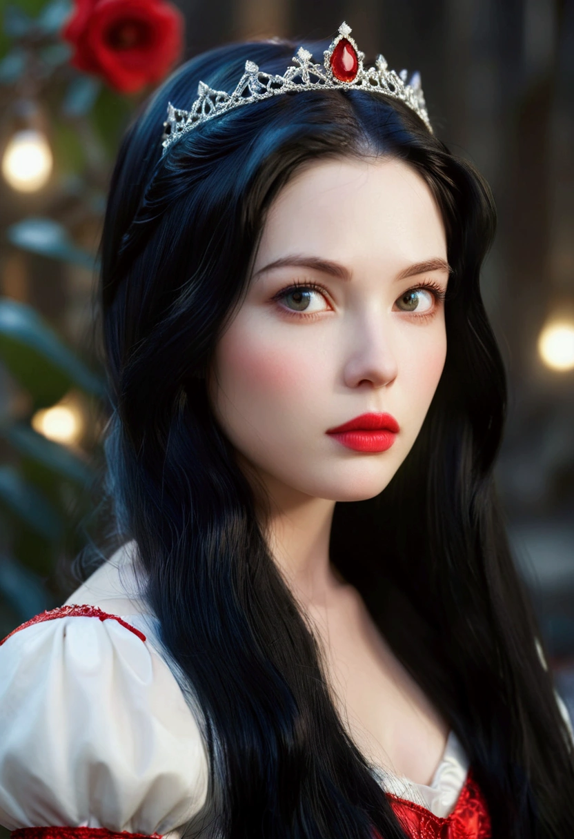 a beautiful young snow white princess, detailed portrait, face focus, red lips, long black hair, pale skin, rosy cheeks, fantasy, high quality, 8k, detailed, photorealistic, glamorous, elegant, intricate, dramatic lighting, moody, cinematic, glowing skin, volumetric lighting, depth of field, realistic portrait, exquisite details, flawless