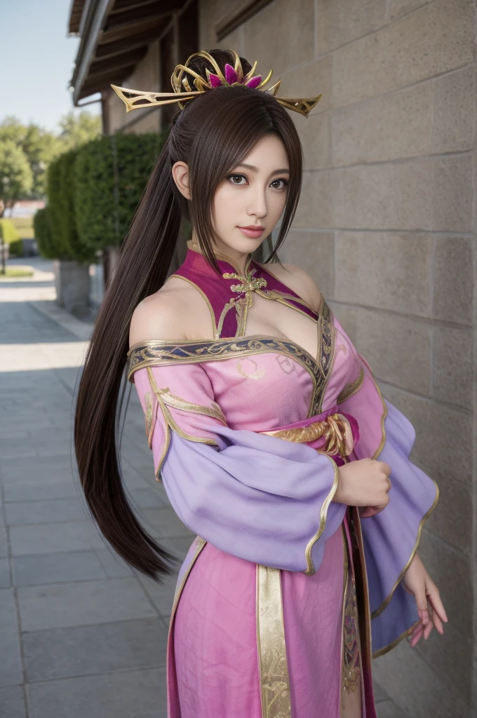 Diao Chan from Dynasty Warriors 8,超reality的な,hair ornaments,The perfect Diao Chan costume,Twintail Starpiece、Sad face、Depressed face,Beautiful Eyes、Puffy eyes、Bright outdoors,Bright downtown、Highest quality, 超High resolution, (reality: 1.4), Cinema Lighting、Japanese、Asian Beauty、so beautiful、Beautiful Skin、Body facing forward、whole body,Upper Body、(超reality的な)、(High resolution)、(8k)、(Very detailed)、(美しくBeautiful Eyes)、(Very detailed)、 (wall-)、Detailed face、Bright lighting、Professional Lighting、Looking at the audience、Look straight ahead、Diagonal bangs、Brown Hair、Nogizaka Idol、