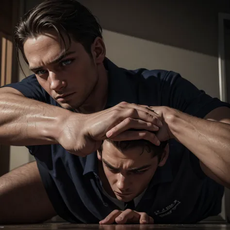 a fit caucasian male high school bully, , wearing school uniform with muscular build, being chloroformed in classroom during lat...