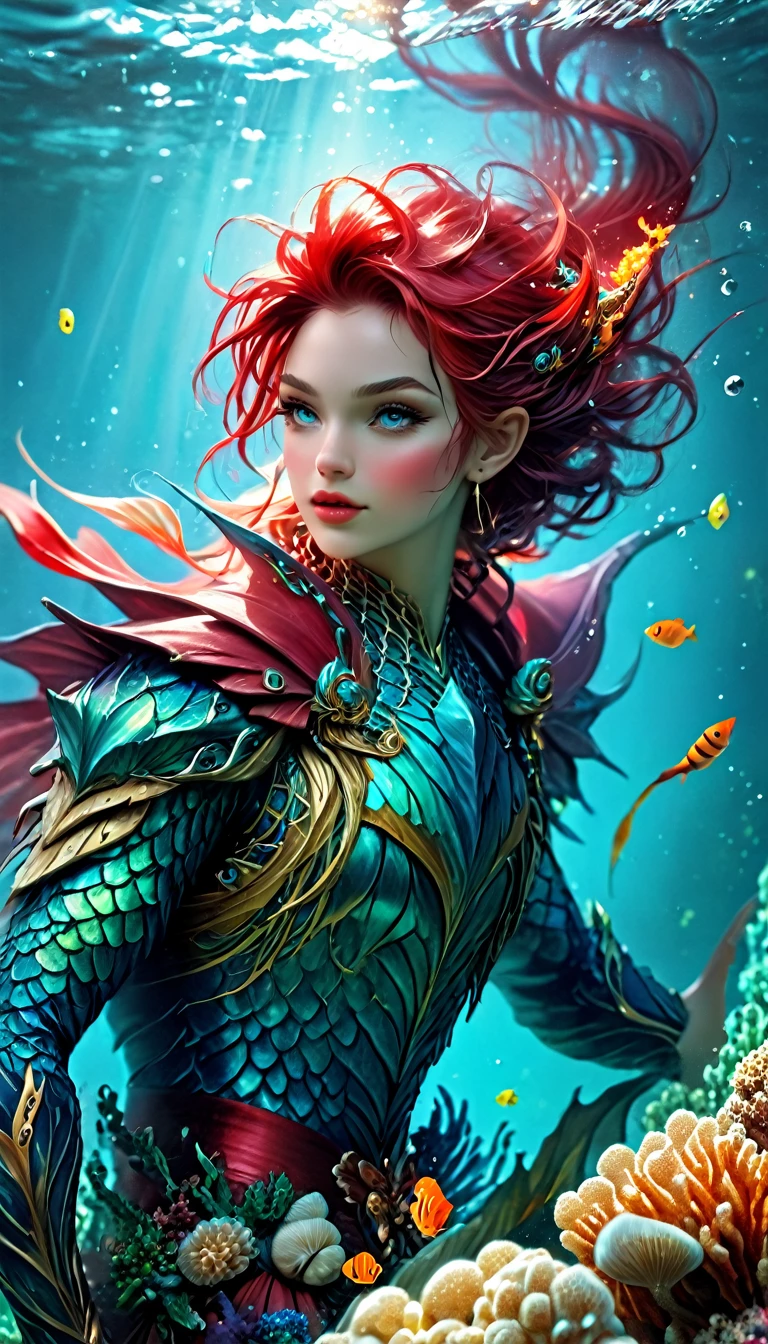 fantasy art, RPG art, a most beautiful siren casting a red magic runes, under the sea, a beautiful siren, blue shell clothes, mermaid lower body dynamic hair color, dynamic hair style, undersea background, cinematic light, High Detail, Ultra High Quality, High Resolution, 16K Resolution, Ultra HD Pictures, Ultra Realistic, Clear Details, Realistic Detail, Ultra High Definition, Merfolk