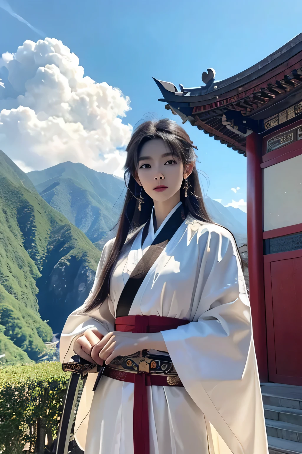 ultra HD,masterpiece,The award-winning,best quality,high resolution,8k,High Detail,(A man:1.6),Perfect face,Black long hair,Ancient Chinese Hair Accessories,Blonde accessories,(Facing the camera:1.4),(Holding a sword:1.5),Hand-held scabbard,Ancient Chinese robes,Martial Arts,Outlaw Star,Printing,Jump up,There is a dragon in the back,Chinese dragon,Patron Saint,Mountain and trees in the background,Mountain,pavilion,pine,Bright sky,White Cloud,Cloudy sky,dragon,,Ancient oriental architecture,old Chinese building,