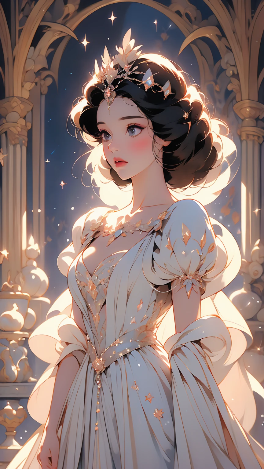 "A striking rendition of Snow White (Disney Princess) reimagined in a haute couture outfit with intricate, fantastical elements. She wears a luxurious gown with flowing layers of deep blue and white fabrics, adorned with sparkling gemstones that shimmer like stars. Her raven-black hair is styled elegantly with a delicate, crystal-studded tiara. The backdrop is an enchanted forest with towering, ancient trees, glowing softly with ethereal light. The overall atmosphere blends a sense of classic fairy tale magic with modern, high-fashion elegance."