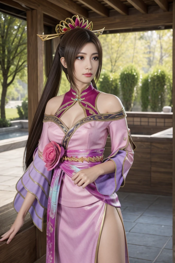 Diao Chan from Dynasty Warriors 8,超reality的な,hair ornaments,The perfect Diao Chan costume,Twintail Starpiece、Sad face、Depressed face,Gloomy face、Frightened face、Beautiful Eyes、Puffy eyes、Bright outdoors,Bright downtown、Highest quality, 超High resolution, (reality: 1.4), Cinema Lighting、Japanese、Asian Beauty、so beautiful、Beautiful Skin、Body facing forward、whole body,Upper Body、(超reality的な)、(High resolution)、(8k)、(Very detailed)、(美しくBeautiful Eyes)、(Very detailed)、 (wall-)、Detailed face、Bright lighting、Professional Lighting、Looking at the audience、Look straight ahead、Diagonal bangs、Brown Hair、Nogizaka Idol、