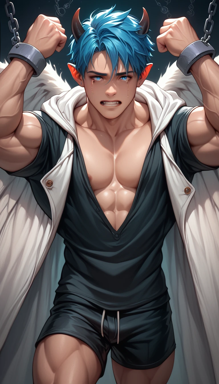 ((Blue haired cat ear boy)),Wearing a white coat,(((Baby face boy))),Shorts,Anatomically correct, (((8k resolution))),He is holding a thick dictionary.,Bodybuilder-like muscles,Big Wings,A thick chest peeking out from the open chest,Black shirt,Pull down the orange hood on your neck,((Devilish body,evil magic circle,cyborgの悪魔,Ejaculate)),Crying with big mouth open,Grit your teeth,Drooling,Always wear cat ears,Huge muscles,muscles like the hulk,((Huge penis,Anal Sex)),Pitch black skin,Faint,A roar of strength,Milking,cyborg,(((((a lot of boys,Portrait,Chained Devil)))))