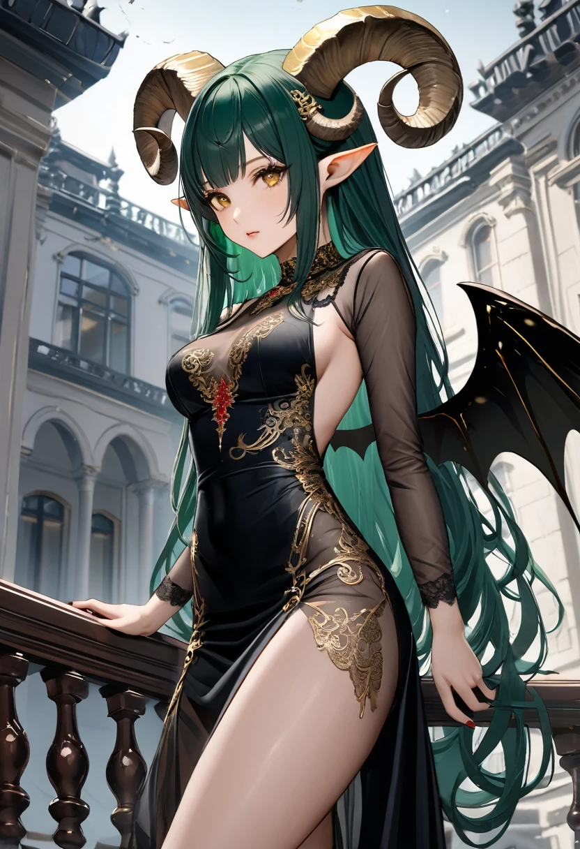 masterpiece、 Highest quality, Highly detailed、8k、 High resolution, Fantasy、One Woman、Dark green long hair、(Bighorn sheep horns on back of head)、Pointed Ears、Golden Eye、(Big Black Devil Wings)、BREAK (Black asymmetrical sheer dress with gold and red embroidery)、The roof of the mansion、From an angle、