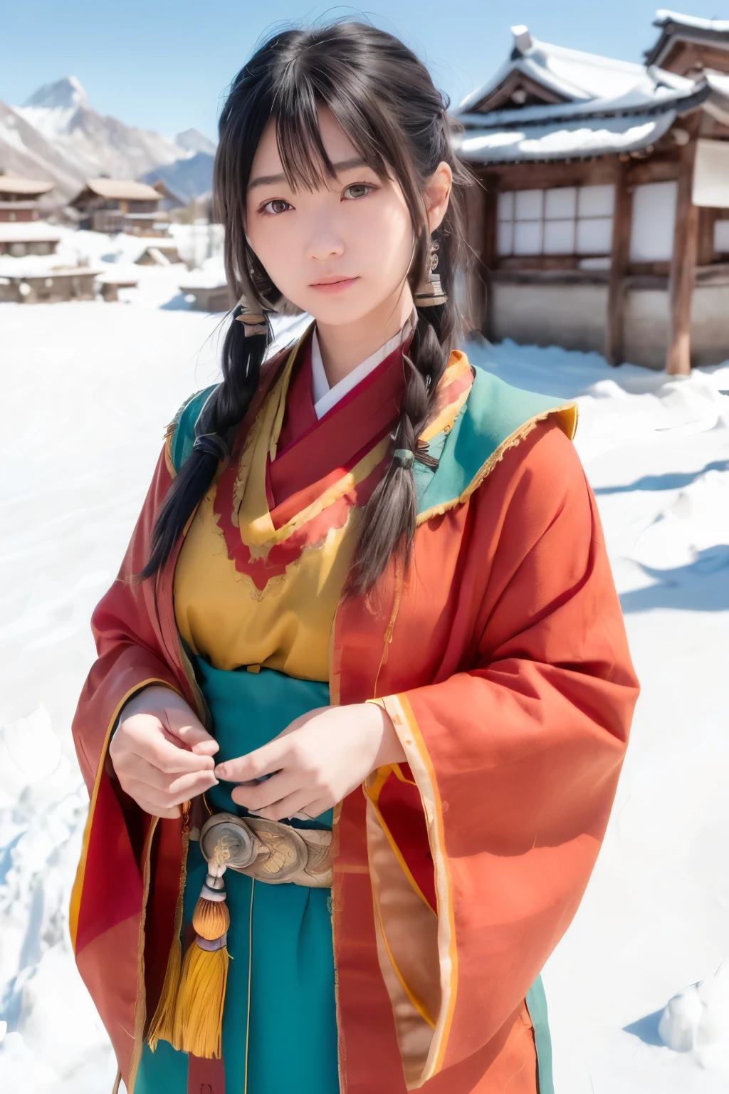 ((Top Quality)),((Amazing)),((Detailed),((Japanese)),,Girl,Ultra-realistic,Stunning environment,Vivid colors, (Chupa), ((Chupa is wearing Tibetan traditional dress)), ((Nice hands)), ((Perfect hands)),, ((Ladakh city)),Black hair,(Bob hair),Cowboy shot,Medium bust,Blue eyes,((Staring out of frame)),((Outdoors)),((Half-smile)),Ultra-realistic,,​​​​ ((Mountain village)),