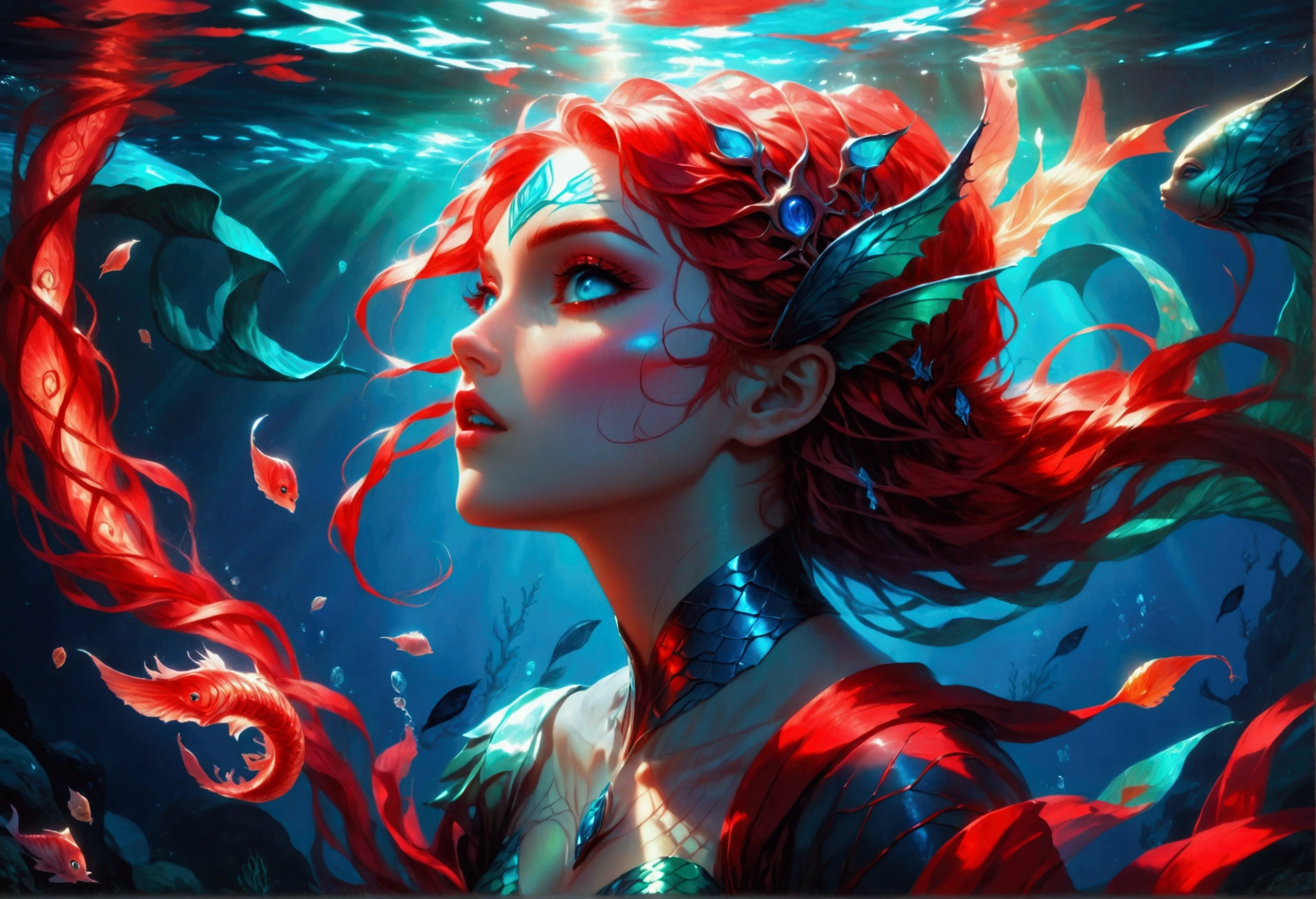 fantasy art, RPG art, a most beautiful siren casting a red magic runes, under the sea, a beautiful siren, blue shell clothes, mermaid lower body dynamic hair color, dynamic hair style, undersea background, cinematic light, High Detail, Ultra High Quality, High Resolution, 16K Resolution, Ultra HD Pictures, Ultra Realistic, Clear Details, Realistic Detail, Ultra High Definition, Merfolk, GlowingRunes_red